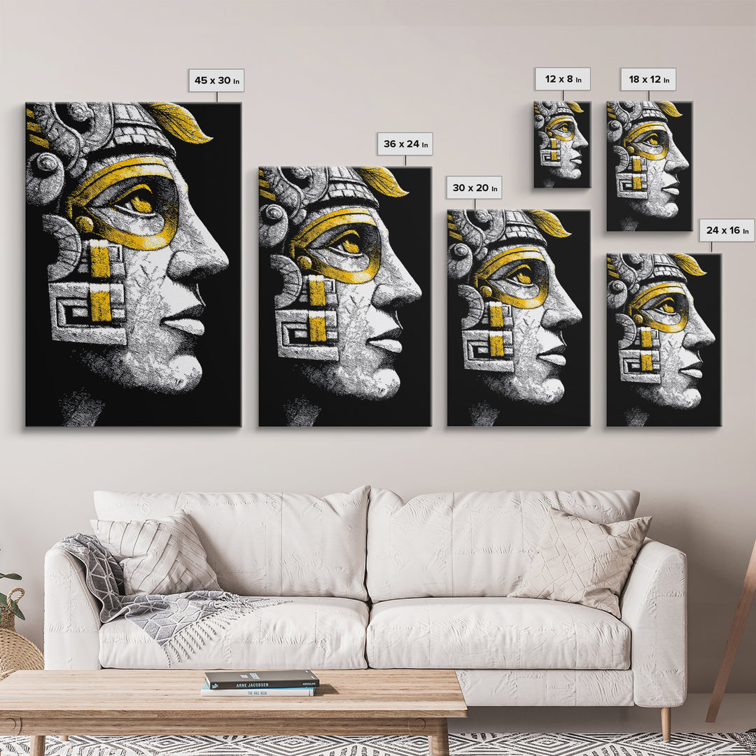 Aztec Warrior Gold Canvas Art, Ancient Tribal Mask Canvas Print, Real Wood Frame Wall Décor, Pre-Columbian Mythology Artwork