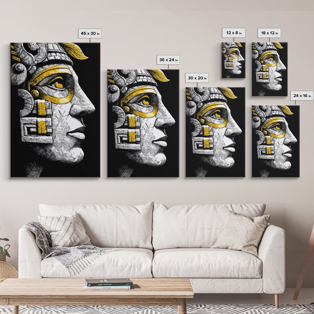 Aztec Warrior Gold Canvas Art, Ancient Tribal Mask Canvas Print, Real Wood Frame Wall Décor, Pre-Columbian Mythology Artwork