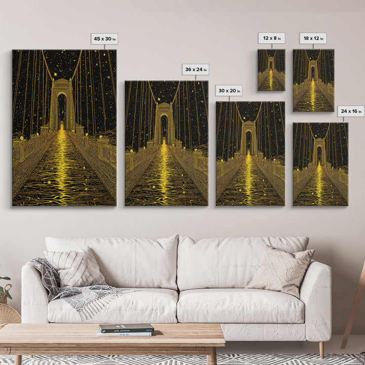 Celestial Bridge Gold Canvas Print, Fantasy Gateway Art On Canvas, Real Wood Frame Wall Décor, Mystical Night Sky Artwork