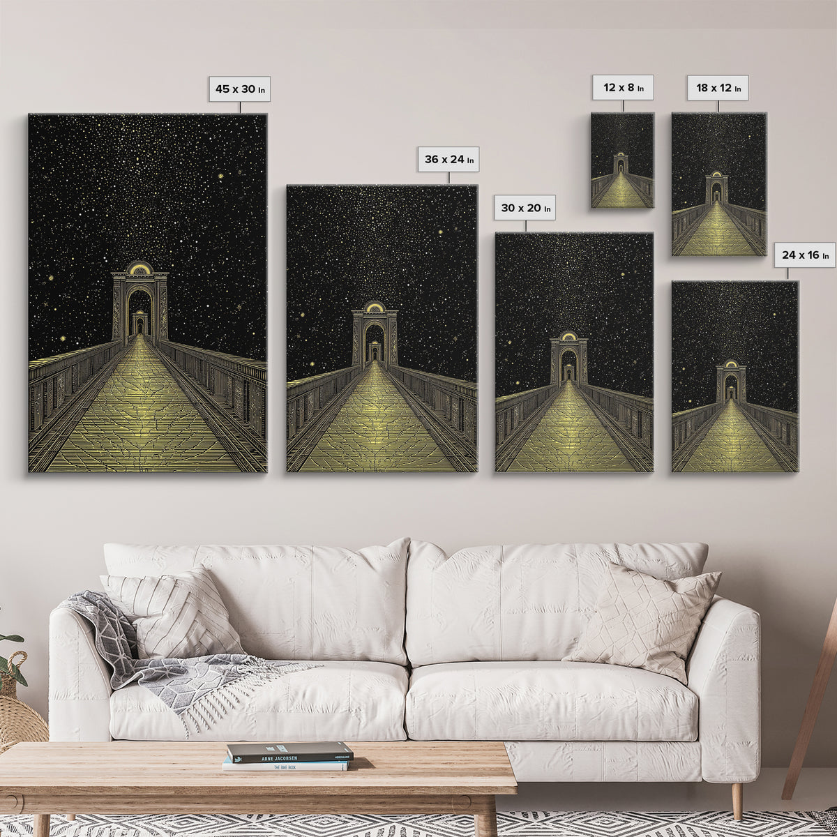 Starlit Path Gold Canvas Art, Fantasy Bridgeway Canvas Print, Real Wood Frame Wall Décor, Celestial Mythology Dream Artwork