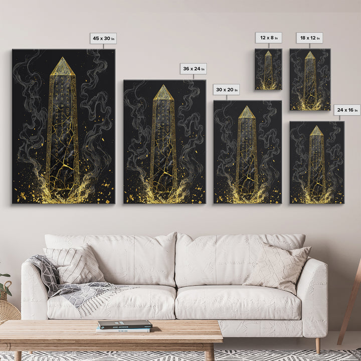 Runic Obelisk Gold Canvas Art, Mystical Stone Wall Print On Canvas, Real Wood Frame Decor, Ancient Fantasy Symbolic Artwork