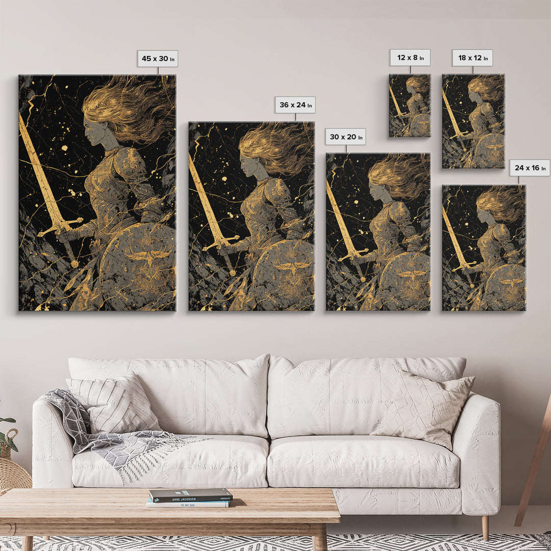Warrior Maiden Gold Canvas Print, Female Knight With Sword And Shield Artwork, Real Wood Frame Wall Décor, Heroic Fantasy Art