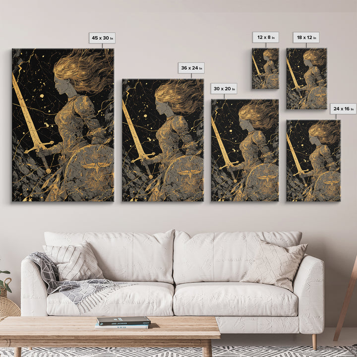 Warrior Maiden Gold Canvas Print, Female Knight With Sword And Shield Artwork, Real Wood Frame Wall Décor, Heroic Fantasy Art