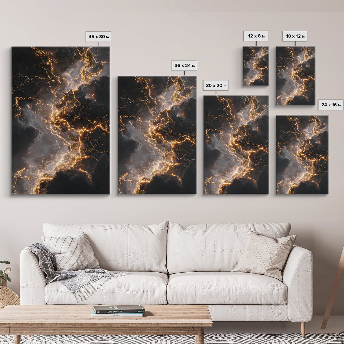 Celestial Lightning Storm Gold Canvas Art, Abstract Thunder Energy Canvas Print, Real Wood Frame Wall Décor, Dramatic Cosmic Power Artwork