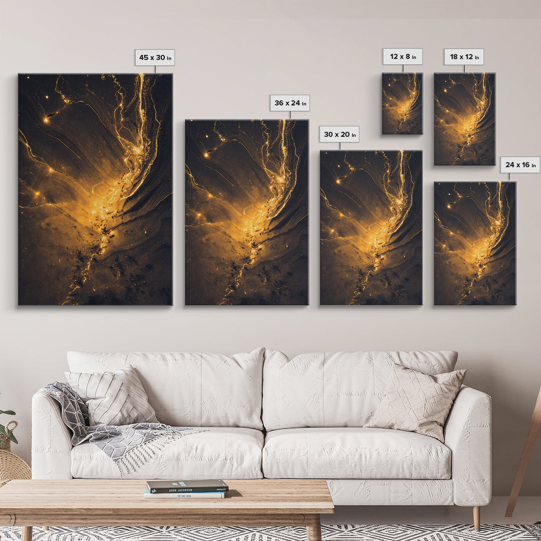 Golden River Flow Gold Canvas Print, Abstract Liquid Energy Artwork On Canvas, Real Wood Frame Wall Décor, Celestial Fluid Art