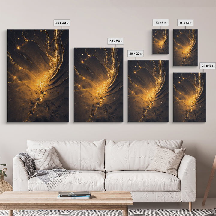 Golden River Flow Gold Canvas Print, Abstract Liquid Energy Artwork On Canvas, Real Wood Frame Wall Décor, Celestial Fluid Art