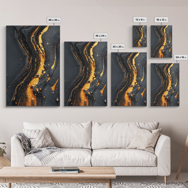 Abstract Gold Flow Art, Modern Luxury Canvas Print With Real Wood Frame, Fluid River Inspired Wall Décor, Contemporary Statement Artwork