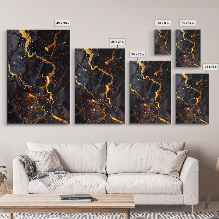 Abstract Lava Veins Gold Canvas Print, Modern Luxury Flow Artwork On Canvas, Real Wood Frame Wall Décor, Dramatic Statement Art