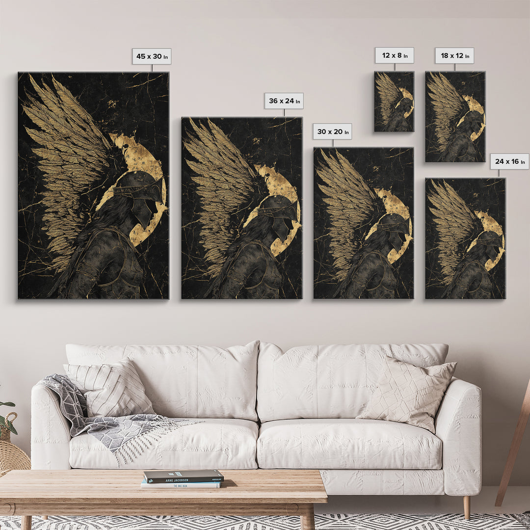 Winged Warrior Gold Canvas Print, Angelic Guardian Art On Canvas, Real Wood Frame Decor, Mythology Spiritual Wall Artwork