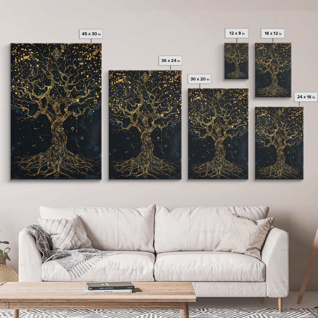 Mystical Tree Of Life Gold Canvas Art, Celestial Symbolic Nature Canvas Print, Real Wood Frame Wall Décor, Sacred Mythology Fantasy Artwork