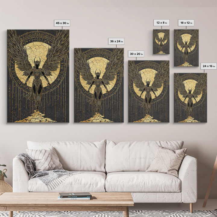 Celestial Angel Gold Canvas Art, Majestic Winged Warrior Canvas Print, Real Wood Frame Wall Décor, Divine Fantasy Statement Artwork