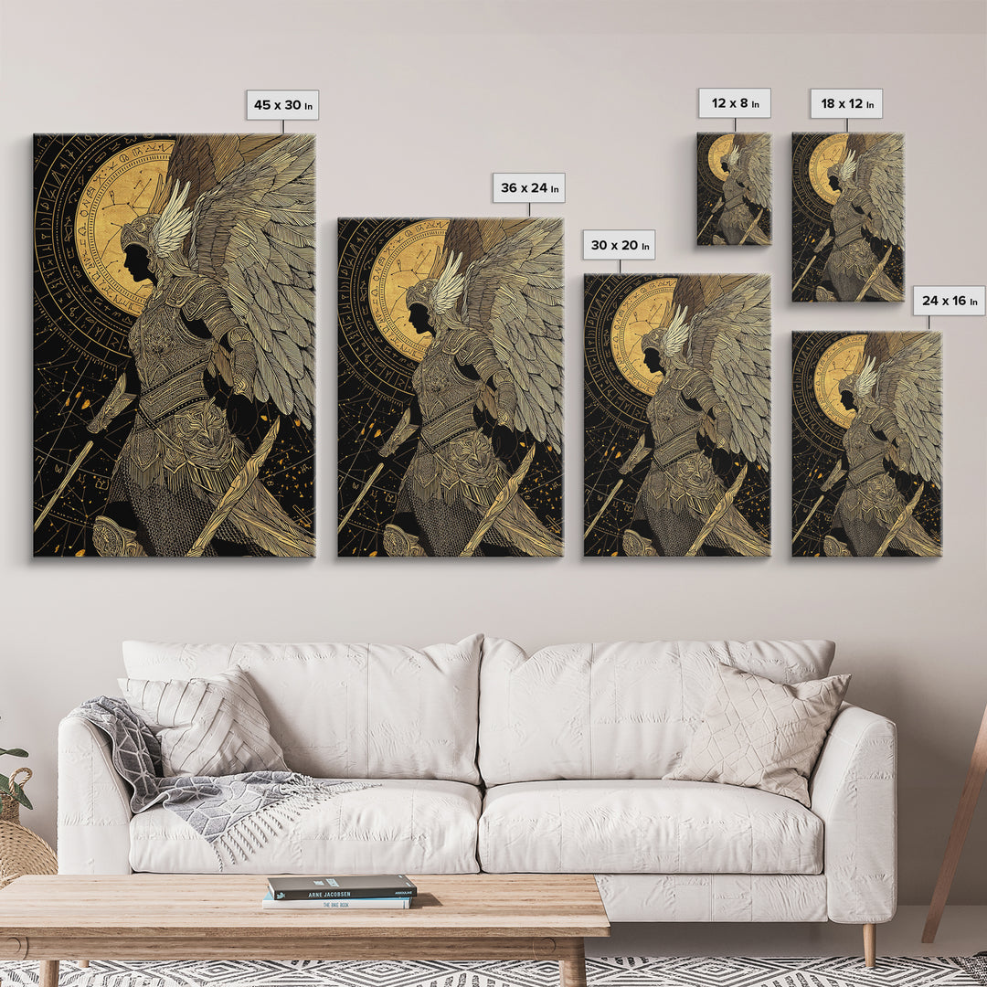 Divine Protector Gold Canvas Print, Angelic Warrior Art On Canvas, Real Wood Frame Wall Décor, Celestial Mythology Artwork