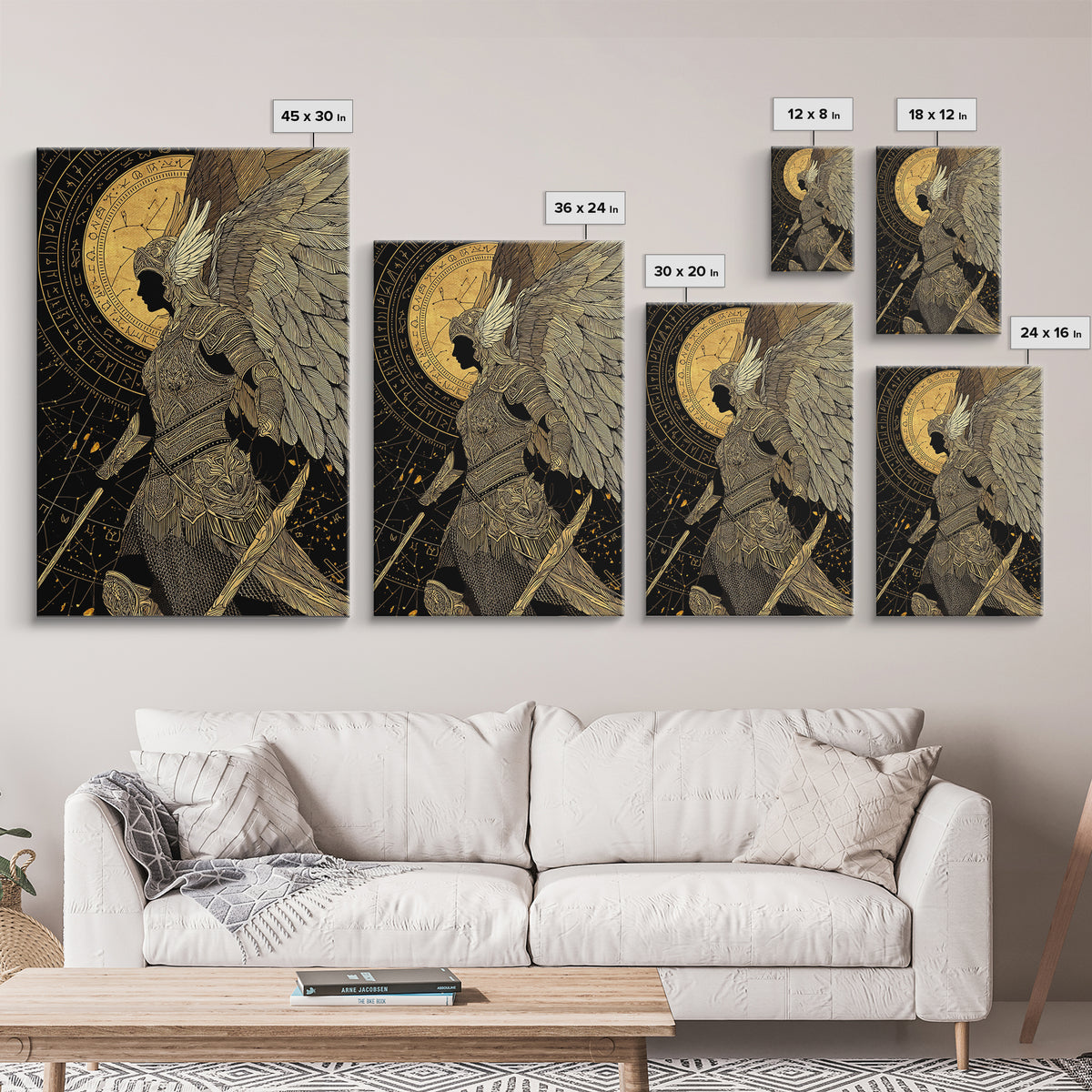 Divine Protector Gold Canvas Print, Angelic Warrior Art On Canvas, Real Wood Frame Wall Décor, Celestial Mythology Artwork