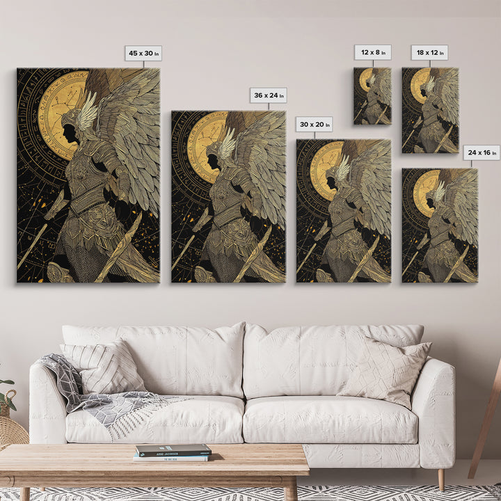 Divine Protector Gold Canvas Print, Angelic Warrior Art On Canvas, Real Wood Frame Wall Décor, Celestial Mythology Artwork