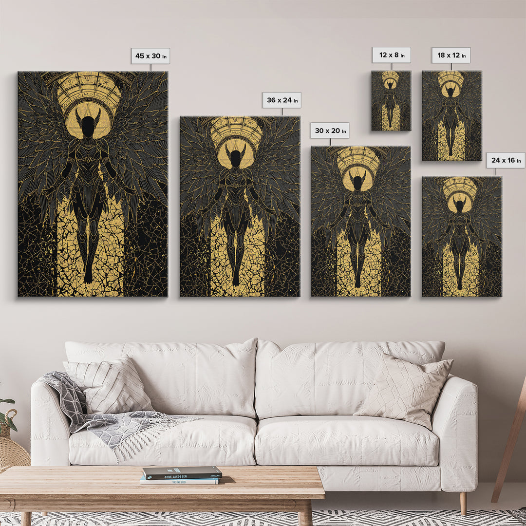 Ascendant Angel Gold Canvas Print, Winged Warrior Art On Canvas, Real Wood Frame Wall Décor, Celestial Divine Statement Artwork
