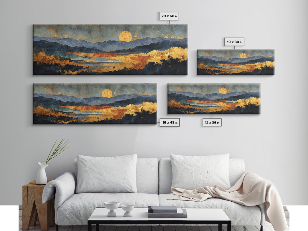 Sunset Over Mountains Gold Canvas Print, Abstract Mountain Landscape Wall Art, Modern Nature Artwork With Real Wood Frame
