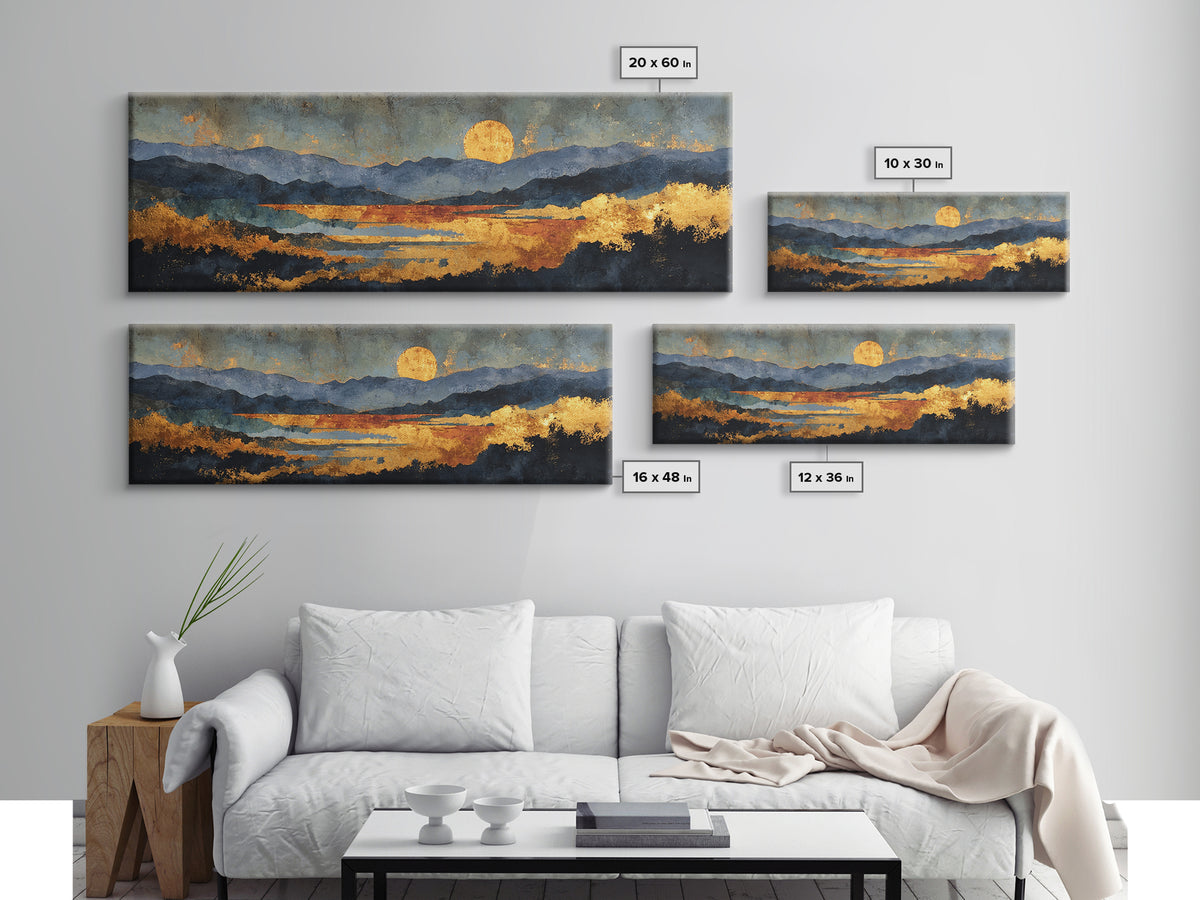 Sunset Over Mountains Gold Canvas Print, Abstract Mountain Landscape Wall Art, Modern Nature Artwork With Real Wood Frame