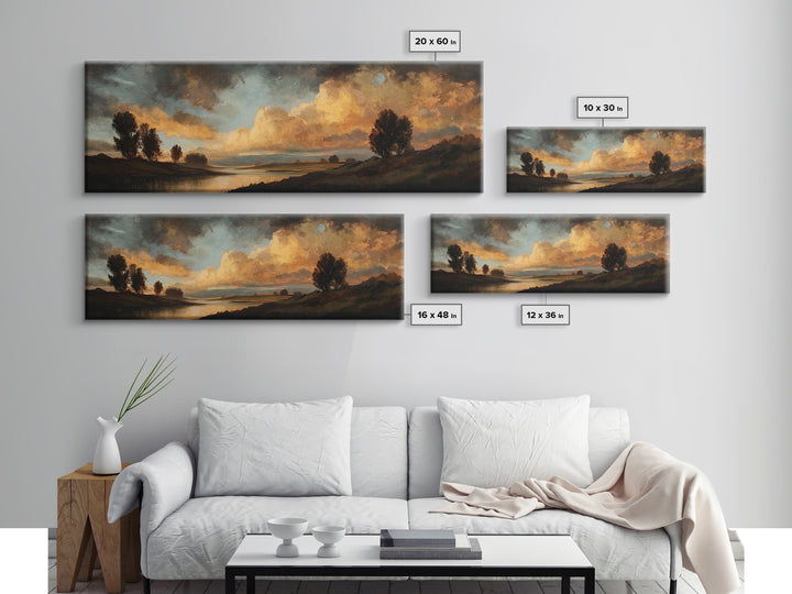 Dramatic Sky Gold Canvas Print, Cloudy Sunset River Landscape Wall Art, Atmospheric Nature Artwork With Real Wood Frame