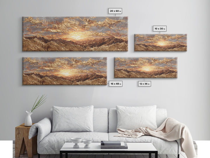 Sunlit Peaks Gold Canvas Print, Golden Mountain Sunrise Wall Art, Abstract Nature Landscape Artwork With Real Wood Frame