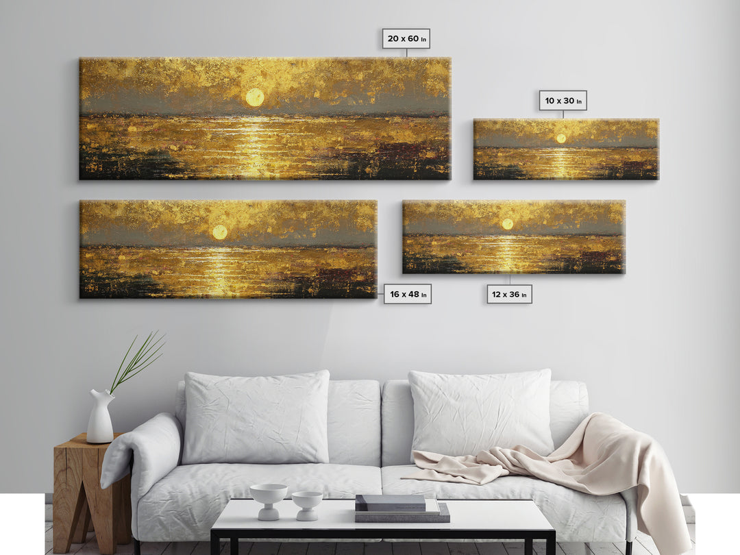 Radiant Reflection Gold Canvas Print, Golden Sun Over Water Wall Art, Shimmering Seascape Artwork With Real Wood Frame