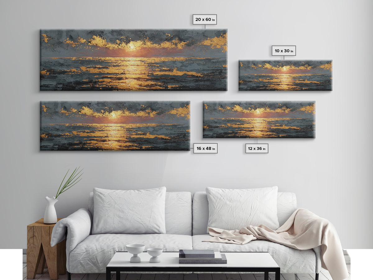 Ocean Sunset Gold Canvas Print, Glowing Sun Over Waves Wall Art, Modern Coastal Seascape Artwork With Real Wood Frame