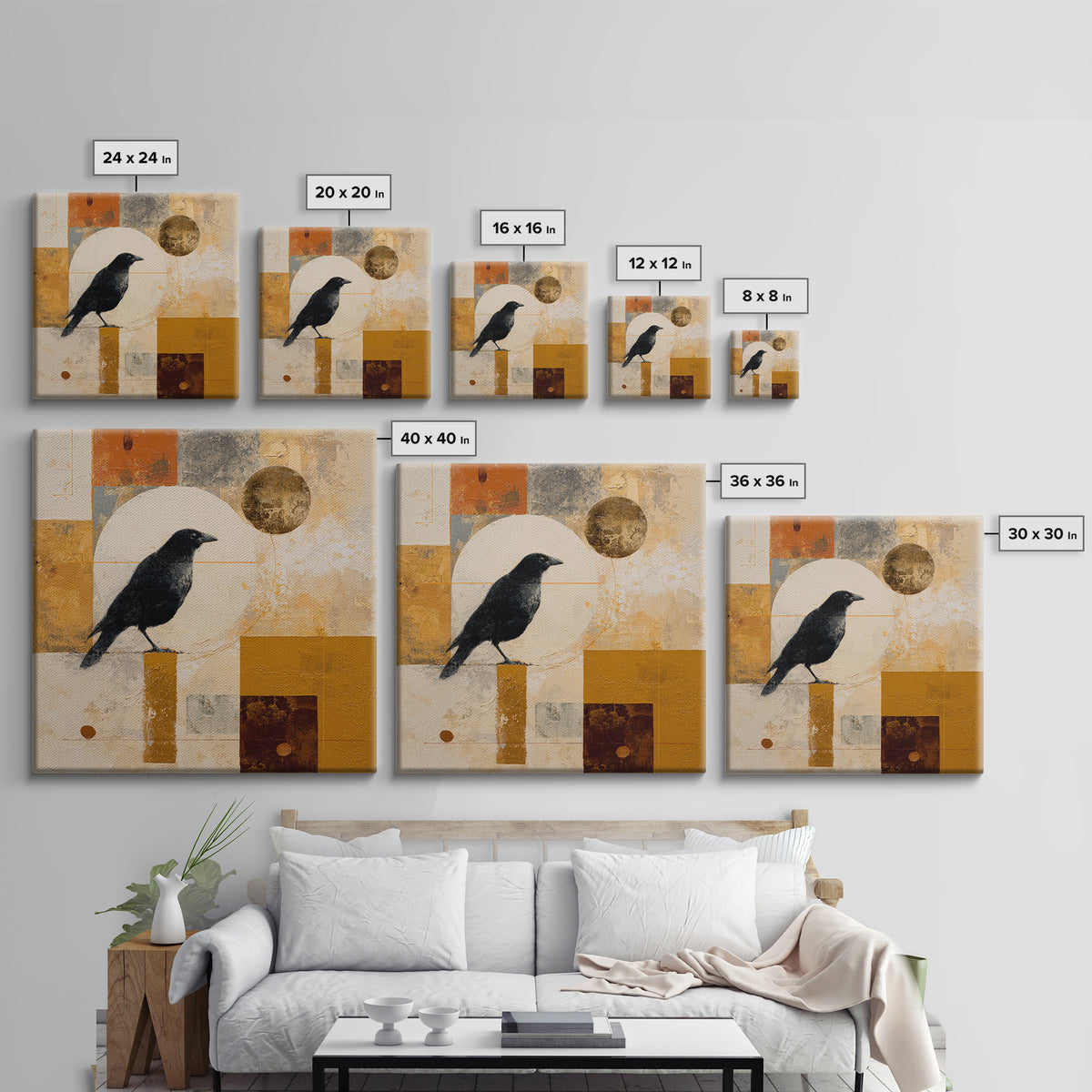 Small Black Bird Crossing White Space Canvas Print, Minimalist Art, Digital Print, Living Room Decor, Fine Art, Minimal, MIN-1x1-31