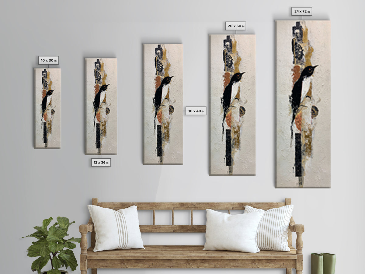 Small Black Bird Crossing White Space Framed Canvas Print, Minimalist Art, Boho Decor, Living Room Decor, Oil Painting, Minimal, MIN-1x3-91