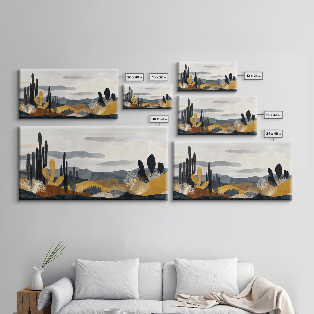 Black and White Cactus Silhouette Framed Canvas Print, Minimalist Art, Fine Art Print, Living Room Decor, Fine Art, Minimal, MIN-2x1-16