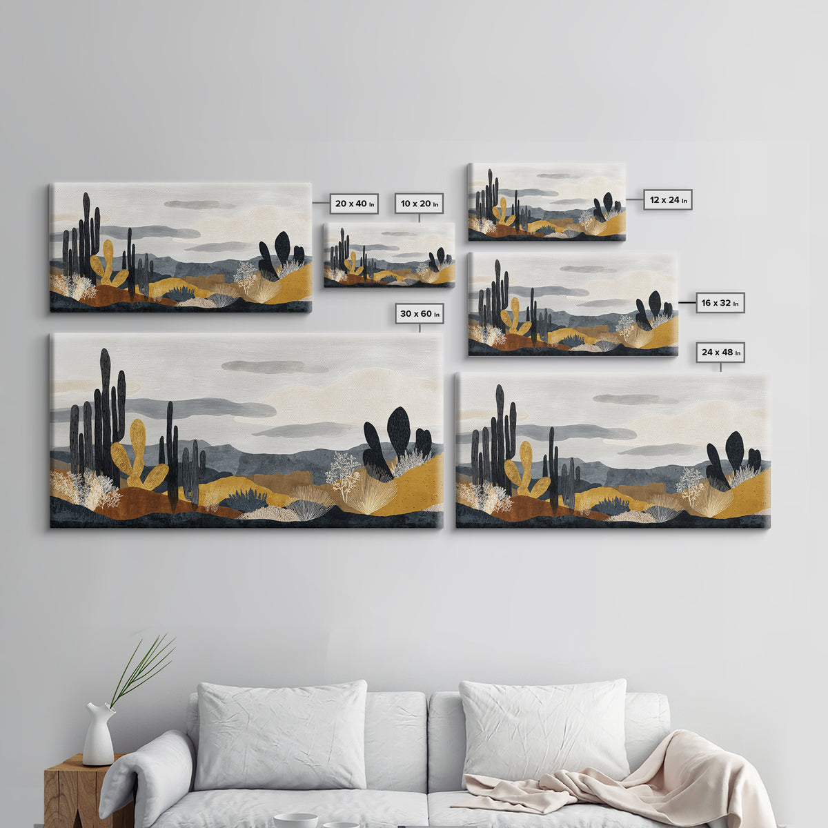 Black and White Cactus Silhouette Framed Canvas Print, Minimalist Art, Fine Art Print, Living Room Decor, Fine Art, Minimal, MIN-2x1-16