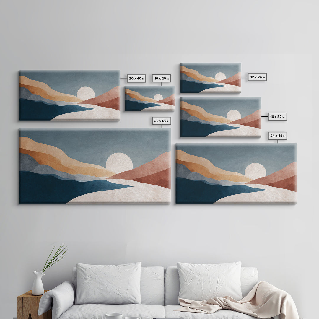 Minimal Moon over a Pale Ocean Framed Canvas Print, Minimalist Art, Printable Wall Art, Living Room Decor, Fine Art, Minimal, MIN-2x1-29