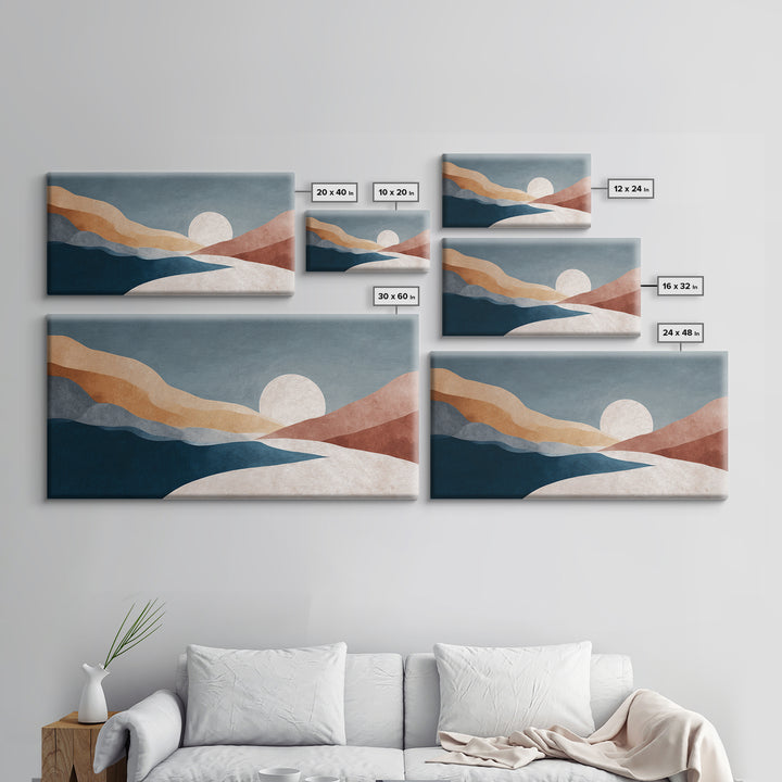 Minimal Moon over a Pale Ocean Framed Canvas Print, Minimalist Art, Printable Wall Art, Living Room Decor, Fine Art, Minimal, MIN-2x1-29