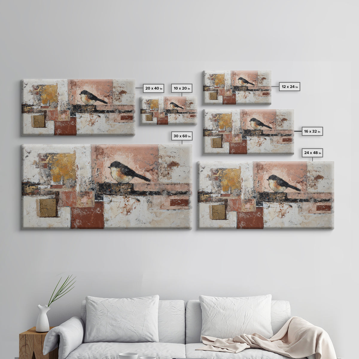 Small Black Bird Crossing White Space Framed Canvas Print, Minimalist Art, Large Wall Art, Living Room Decor, Fine Art, Minimal, MIN-2x1-3