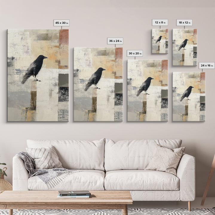 Small Black Bird Crossing White Space Framed Canvas Print, Minimalist Art, Abstract Painting, Living Room Decor, Minimal, MIN-2x3-87
