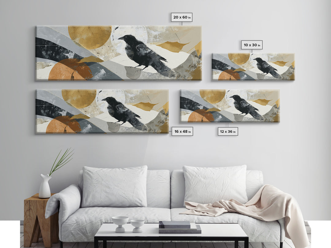 Small Black Bird Crossing White Space Canvas Print, Minimalist Art, Art Prints, Living Room Decor, Oil Painting, Minimal, MIN-3x1-95
