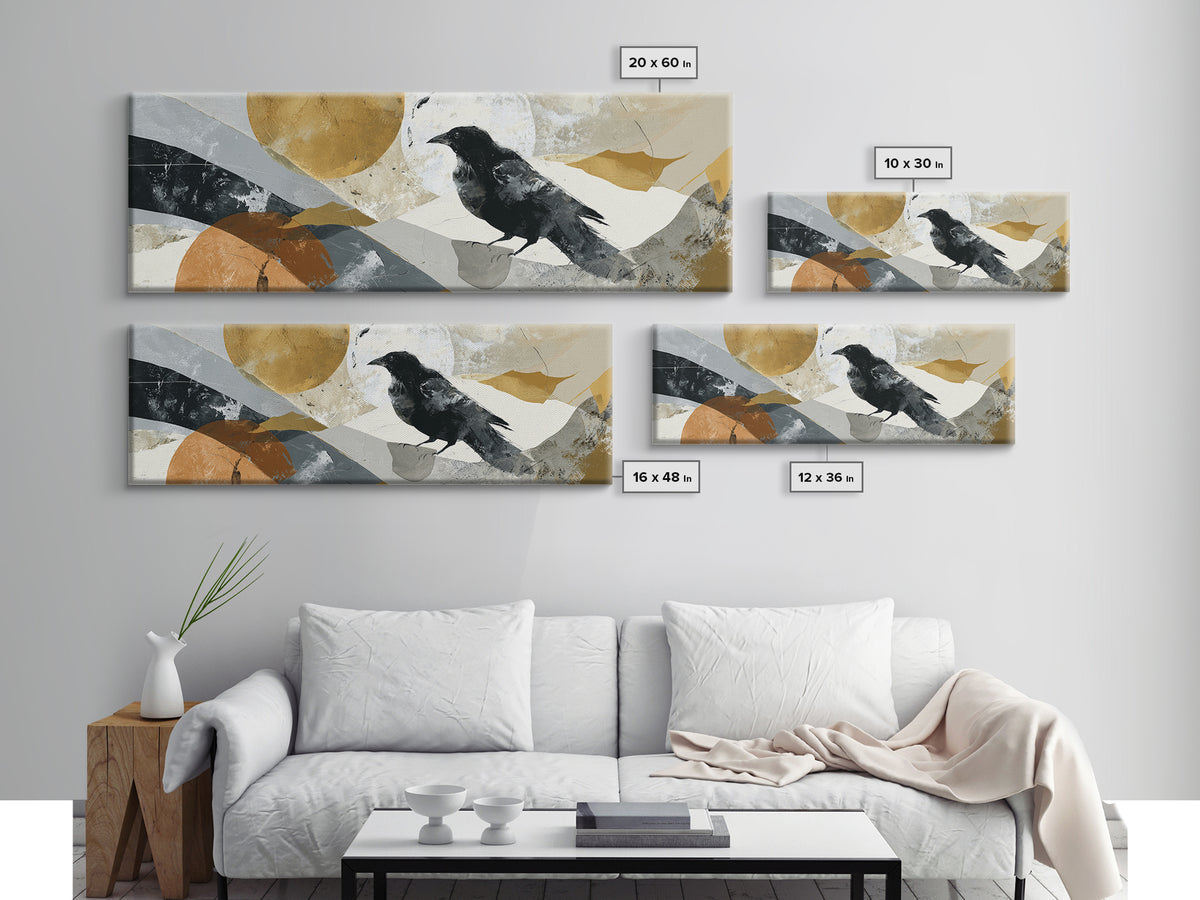 Small Black Bird Crossing White Space Canvas Print, Minimalist Art, Art Prints, Living Room Decor, Oil Painting, Minimal, MIN-3x1-95