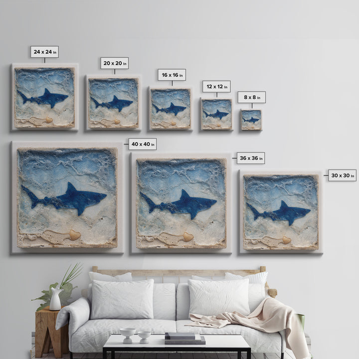 Shark Silhouette in Deep Blue Light Framed Canvas Print, Marine Life Art, Coastal Wall Art, Living Room Decor, Fine Art, Marine, MLA-1x1-12