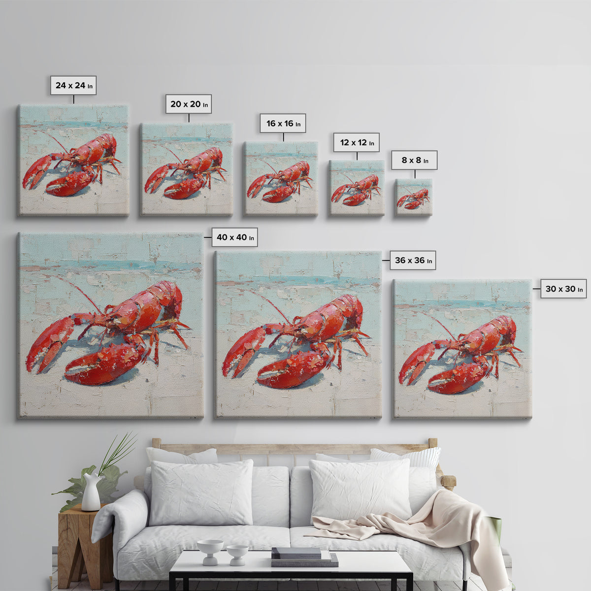 Lobster in Bold Coastal Red Palette Canvas Print, Marine Life Art, Coastal Wall Decor, Living Room Decor, Oil Painting, Marine, MLA-1x1-15