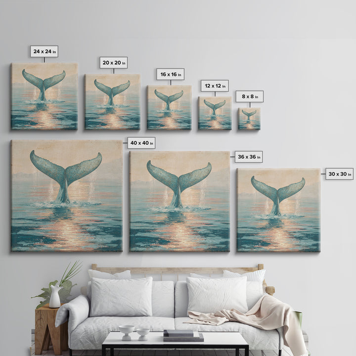 Whale Tail Rising from Misty Ocean Framed Canvas Print, Marine Life Art, Ocean Art, Living Room Decor, Oil Painting, Marine, MLA-1x1-2