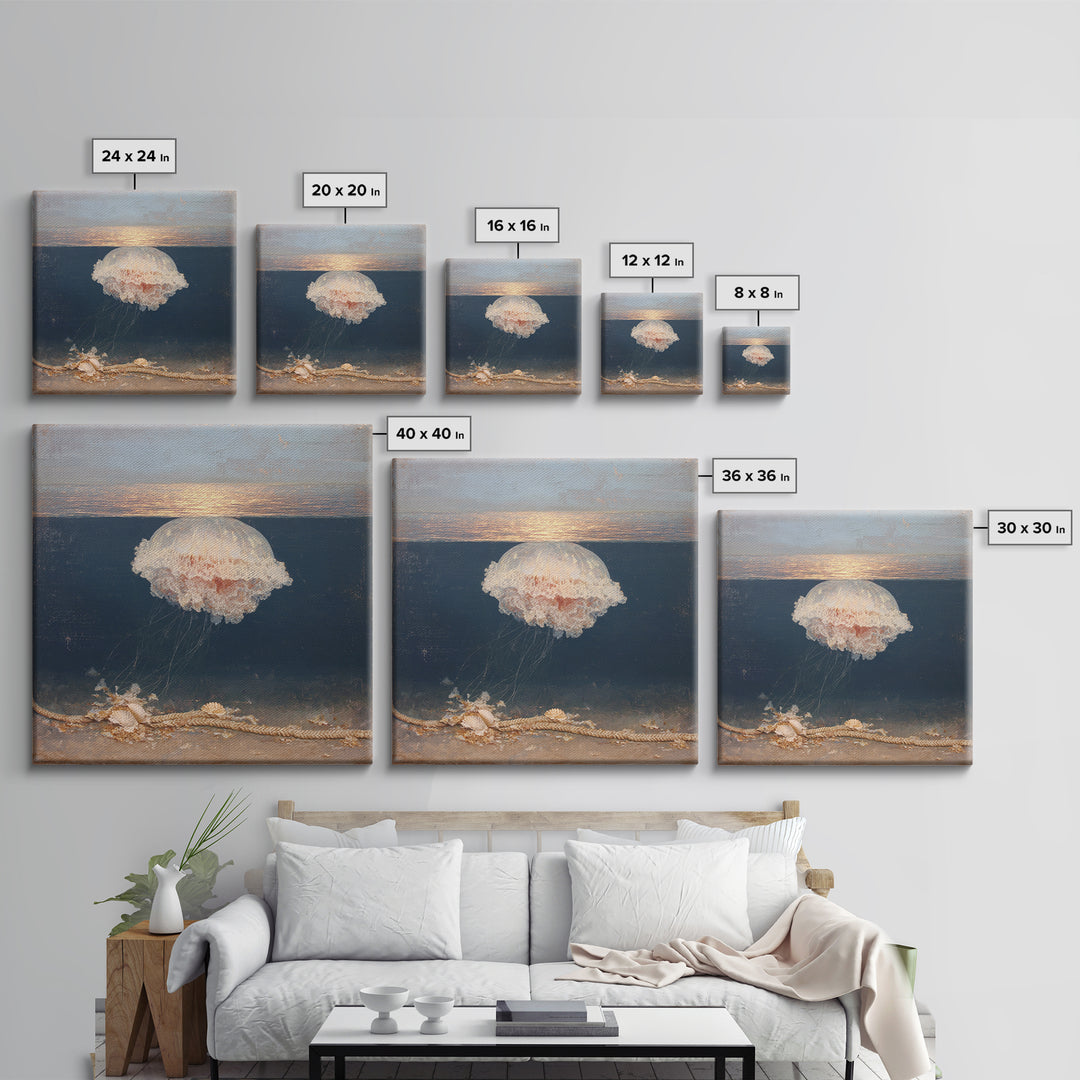 Jellyfish Floating in Luminous Dark Water Canvas Print, Marine Life Art, Fish Art, Living Room Decor, Oil Painting, Marine, MLA-1x1-30