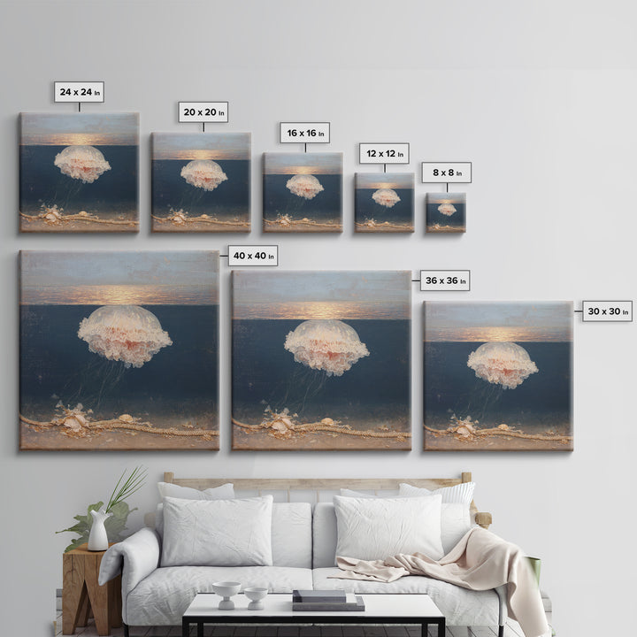 Jellyfish Floating in Luminous Dark Water Canvas Print, Marine Life Art, Fish Art, Living Room Decor, Oil Painting, Marine, MLA-1x1-30