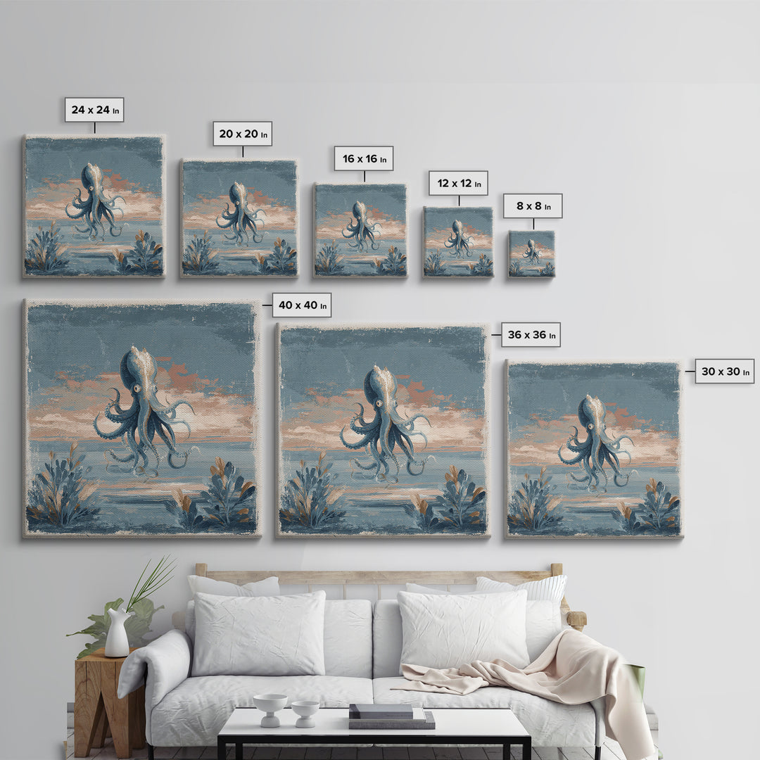 Squid in a Mysterious Midnight Sea Framed Canvas Print, Marine Life Art, Ocean Painting, Living Room Decor, Fine Art, Marine, MLA-1x1-67
