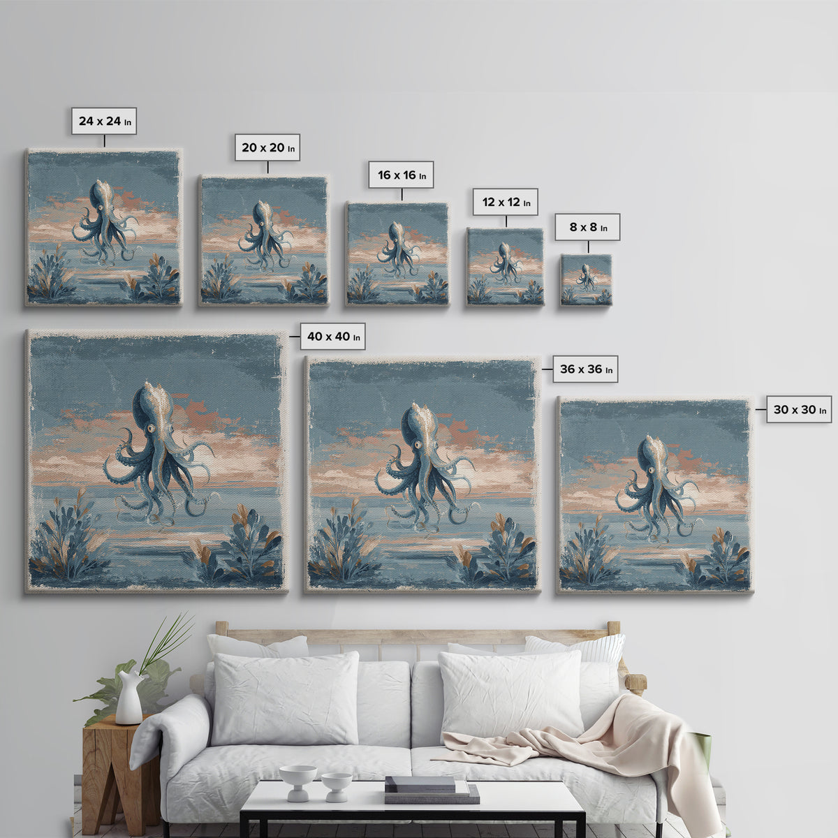 Squid in a Mysterious Midnight Sea Framed Canvas Print, Marine Life Art, Ocean Painting, Living Room Decor, Fine Art, Marine, MLA-1x1-67