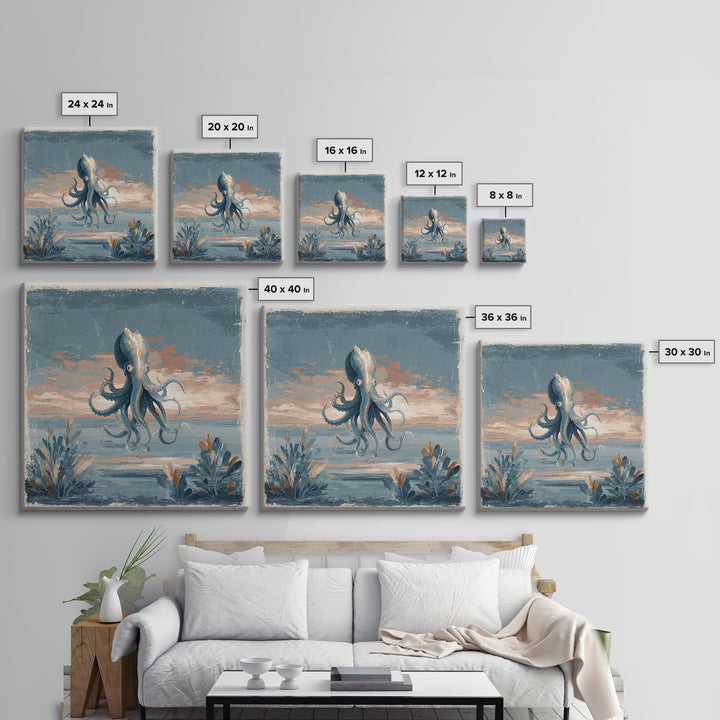 Squid in a Mysterious Midnight Sea Framed Canvas Print, Marine Life Art, Ocean Painting, Living Room Decor, Fine Art, Marine, MLA-1x1-67