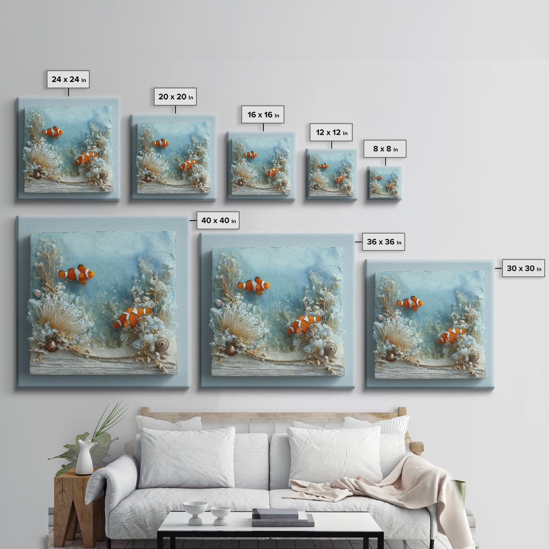 Clownfish Around Anemone Tentacles Framed Canvas Print, Marine Life Art, Nautical Art, Living Room Decor, Fine Art, Marine, MLA-1x1-68
