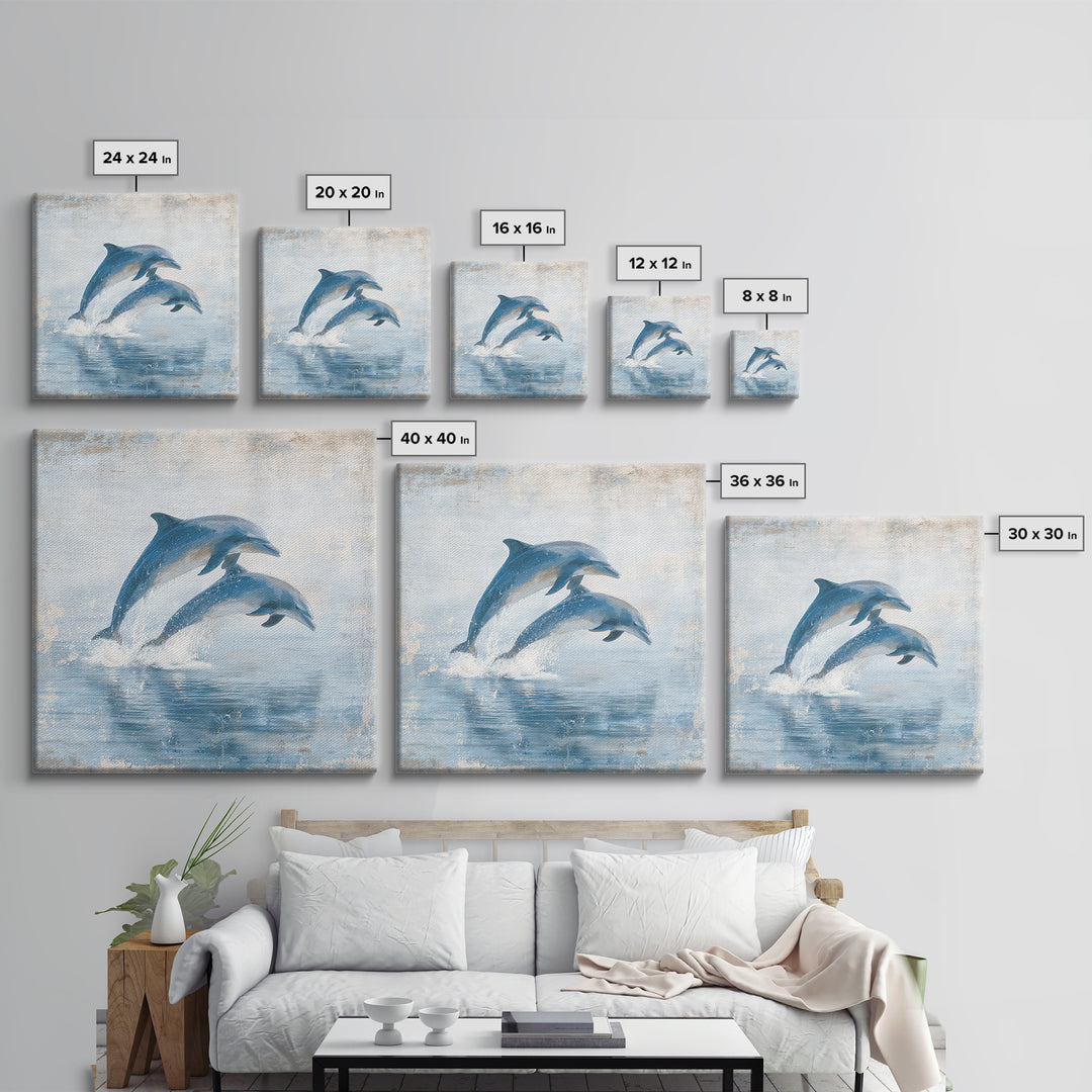 Dolphins Leaping Through Sunlit Waves Framed Canvas Print, Marine Life Art, Coastal Art, Living Room Decor, Fine Art, Marine, MLA-1x1-7