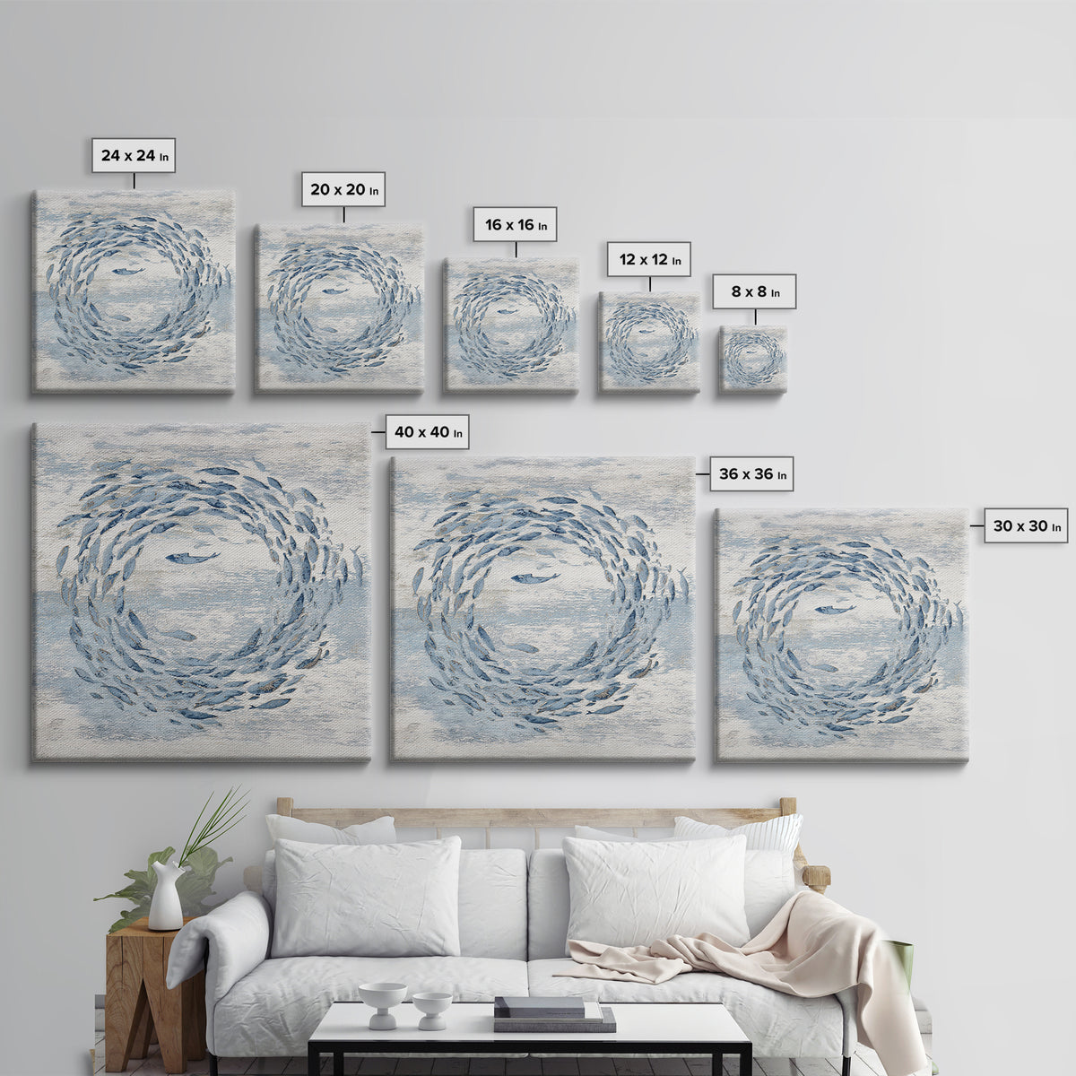 School of Fish Forming a Silver Spiral Canvas Print, Marine Life Art, Modern, Living Room Decor, Marine, Statement Artwork, MLA-1x1-76