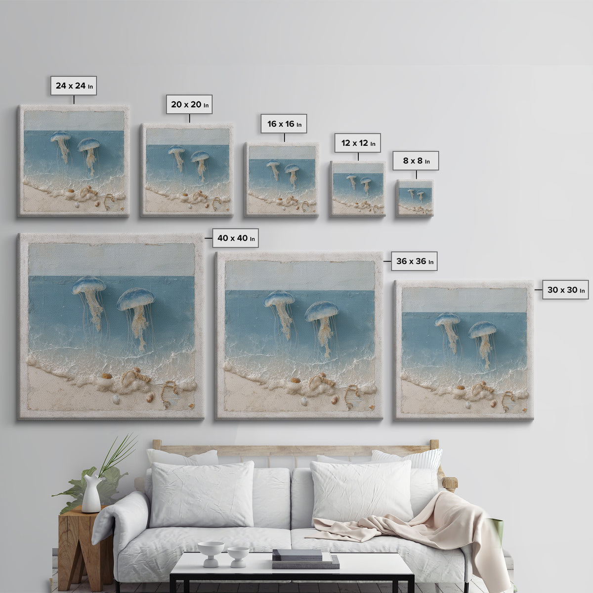 Jellyfish Floating in Luminous Dark Water Framed Canvas Print, Marine Life Art, Pastel Wall Art, Living Room Decor, Marine, MLA-1x1-78