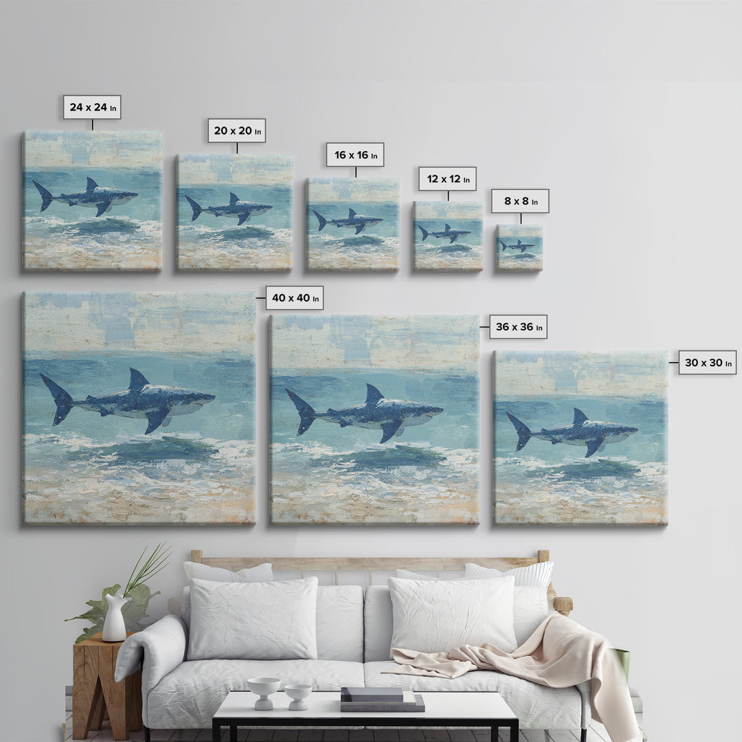 Shark Silhouette in Deep Blue Light Framed Canvas Print, Marine Life Art, Tropical Wall Art, Living Room Decor, Abstract Art, MLA-1x1-84