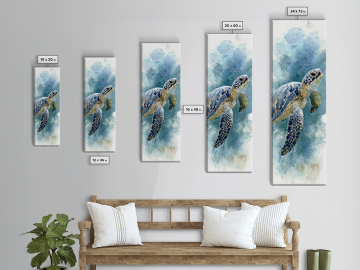 Sea Turtle Gliding Through Clear Blue Water Framed Canvas Print, Marine Life Art, Ocean Painting, Living Room Decor, Marine, MLA-1x3-61