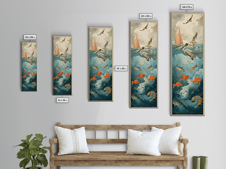 Pelican Diving Toward Fish Near Surface Framed Canvas Print, Marine Life Art, Textured Painting, Living Room Decor, Marine, MLA-1x3-83